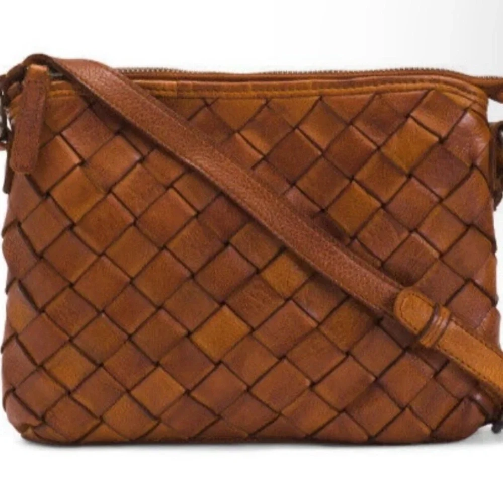 Vilenca Holland Woven Leather Cognac Brown Shoulder Purse Crossbody Bag - Picture 1 of 11